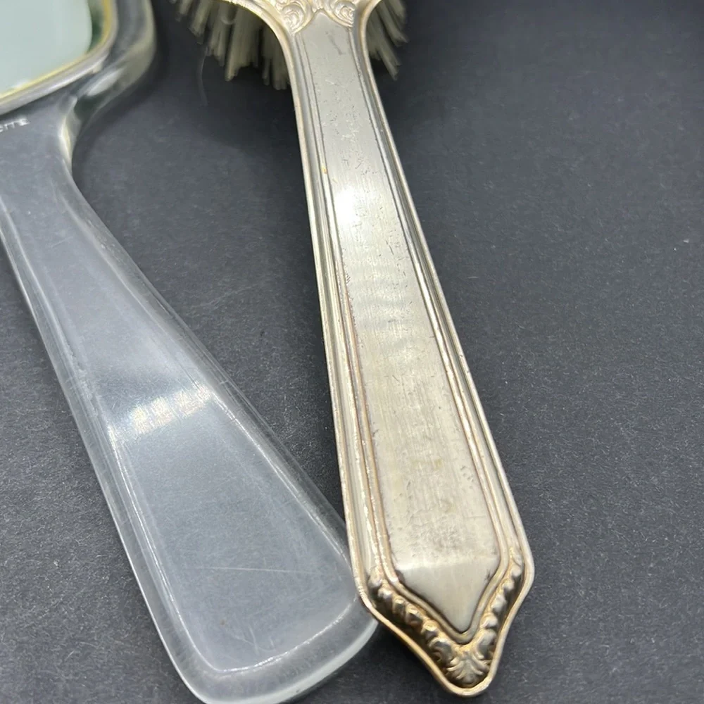 Vintage vanity lucite mirror and hair brush set